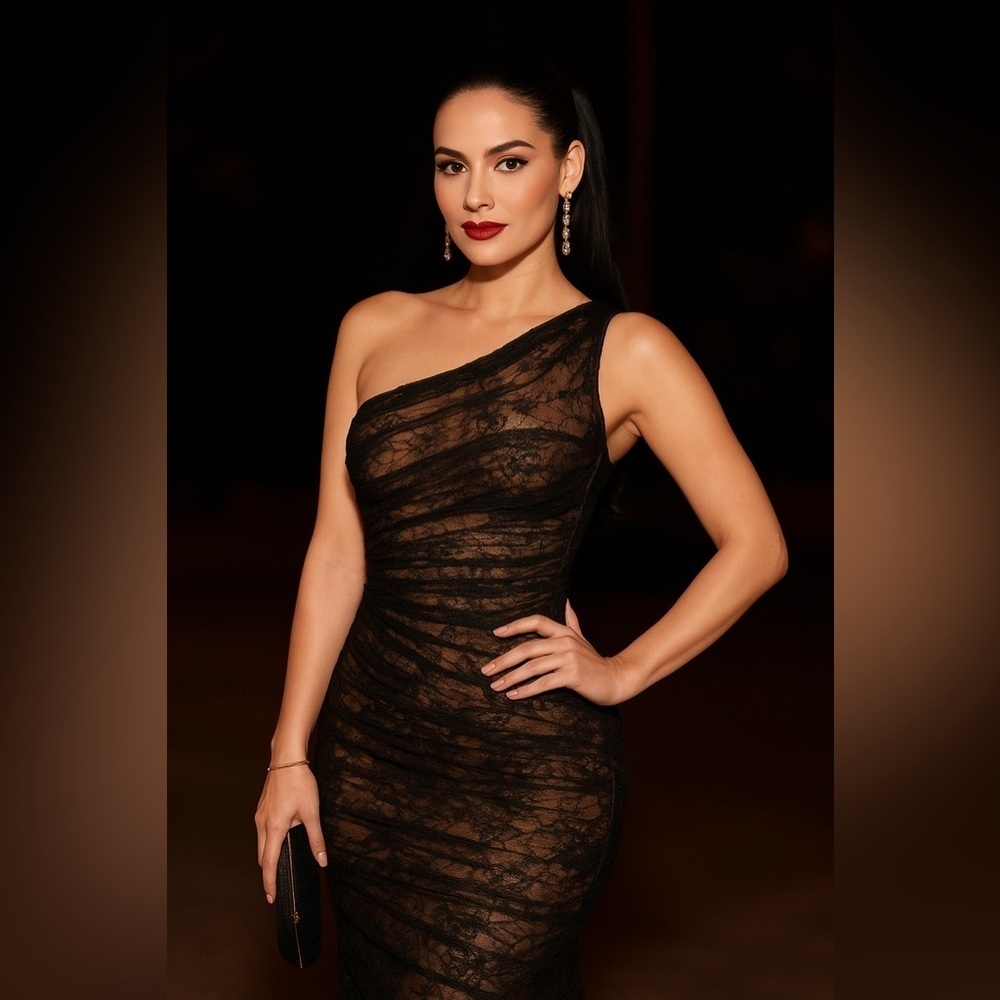 ALIEVA Black One-Shoulder Lace Dress